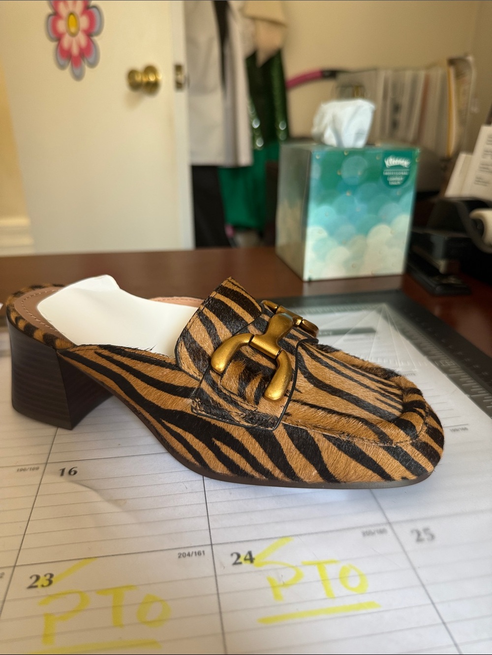 BIBI Lou  Brand Black Zebra Haircalf Mule with Gold